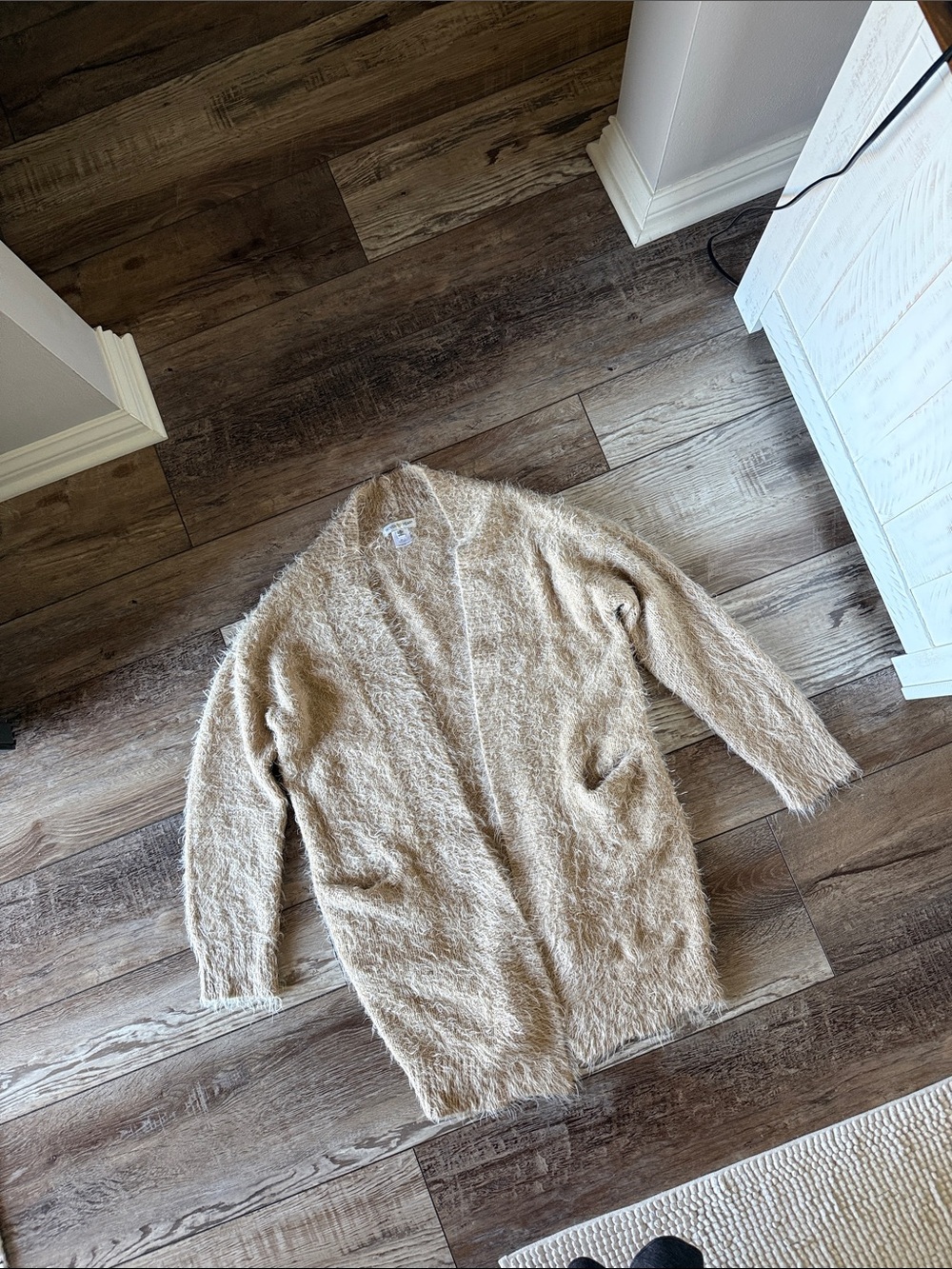 Woven Heart Fuzzy Cream Open-Front Cardigan